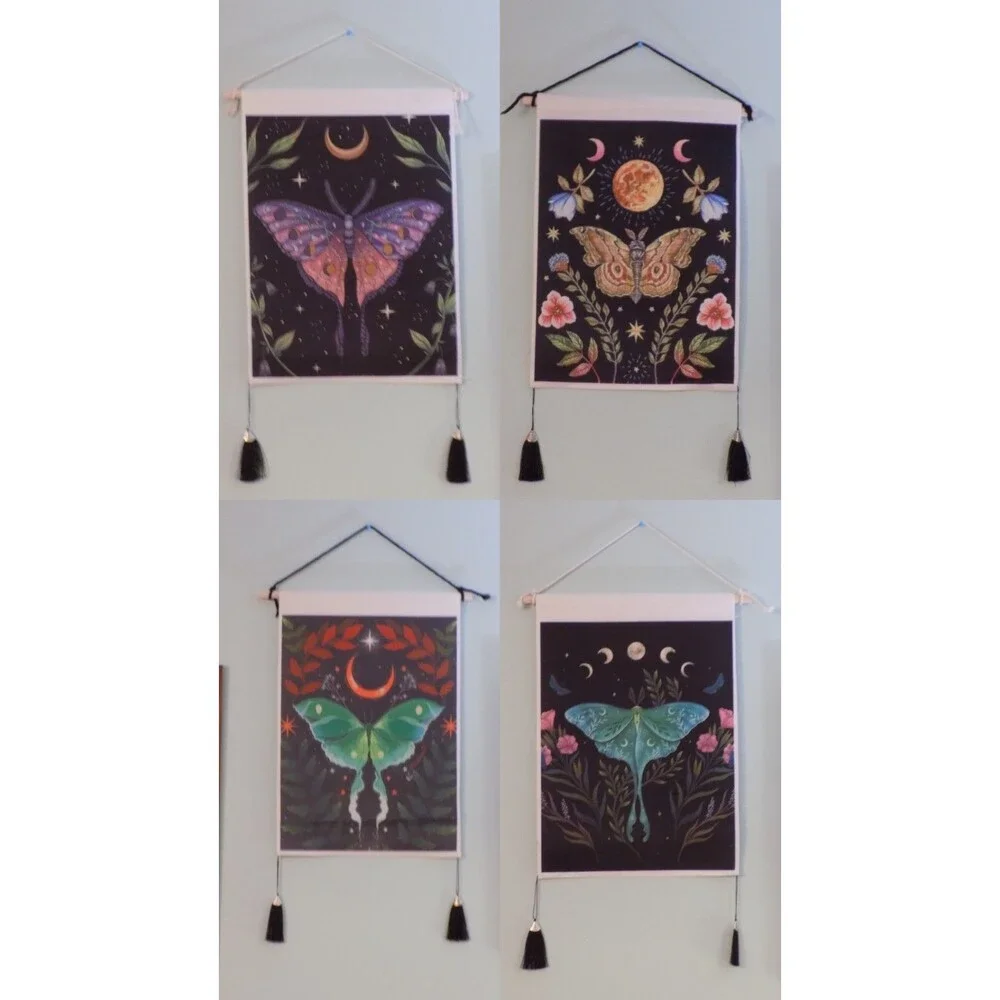 4 Nordic Art Print Wall Hanging Scroll Moth/Butterfly Tapestry Boho Lot